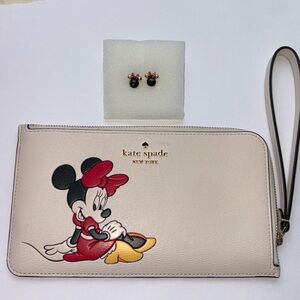 Disney X Kate Spade New York Minnie Medium L-Zip Wristlet Wallet/Studs Bundle
